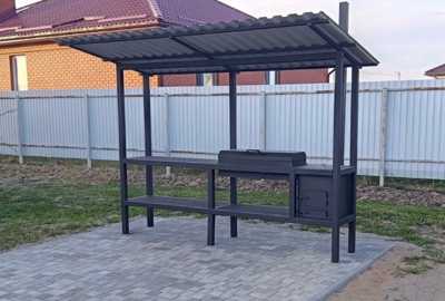Уличная кухня LOFT & GRILL из матового чёрного металла с мангалом и печью, Барановичи